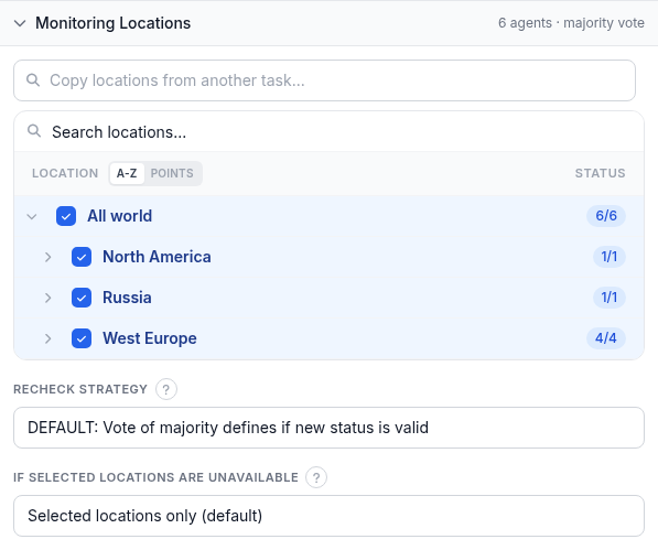Monitoring Locations section with a checkbox tree of All world, North America, Russia and West Europe, plus Recheck strategy and pool fallback dropdowns