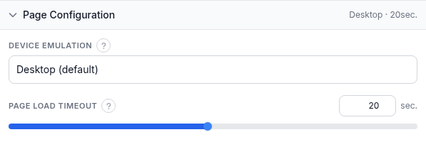 Page Configuration section showing the Device emulation dropdown set to Desktop (default) and a Page load timeout slider set to 20 seconds